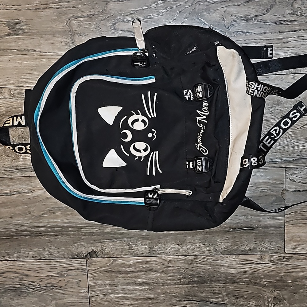 Sailor Moon backpack black cat theme multiple pockets zipper faux leather trim